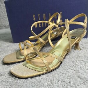 VTG NEW Stuart Weitzman Gold Matte Lamé Heeled Sandals 7 AA‎ Strappy Shoes